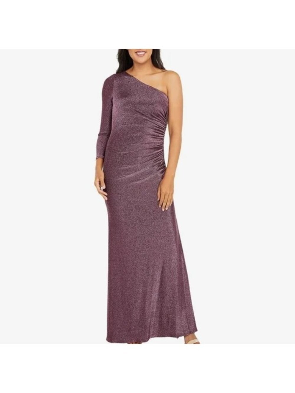 Adrianna Papell Purple One Shoulder Metallic Knit Draped Sheath Ball Gown Size 8